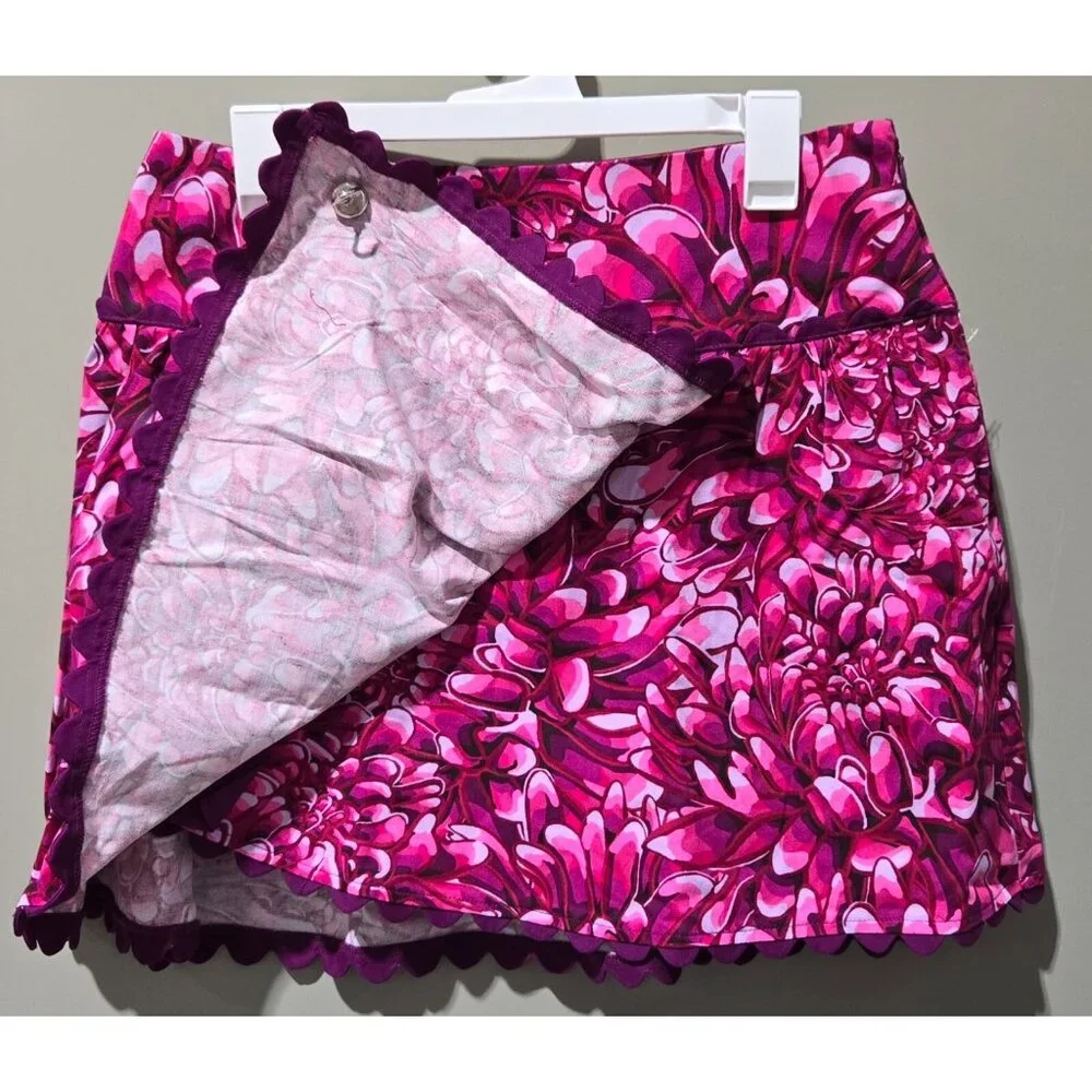 Kika Vargas Pink Mum Floral Print Scallop Edge Faux Wrap Mini Skirt - Picture 3 of 8